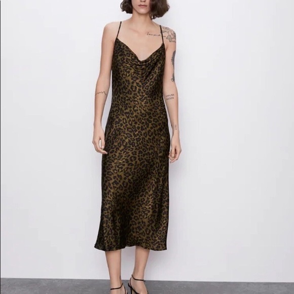 Zara olive green + black leopard print slip dress - Size Small - Picture 2 of 5